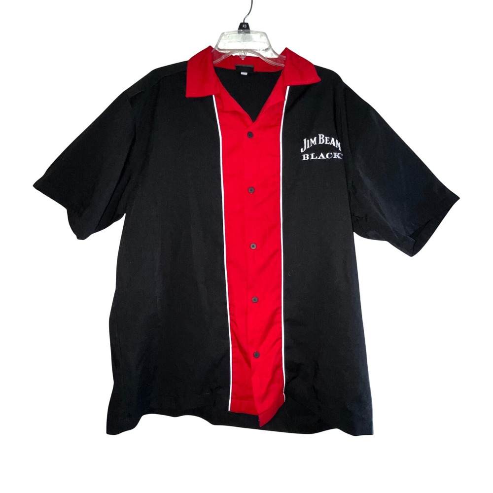 Jim Beam Black Hilton Bowling Retro Shirt Mens Large Black Red Button Up Logo